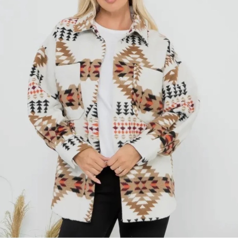 Outdoor Collections Oversized Western Aztec Print Button Front Jacket- S/M